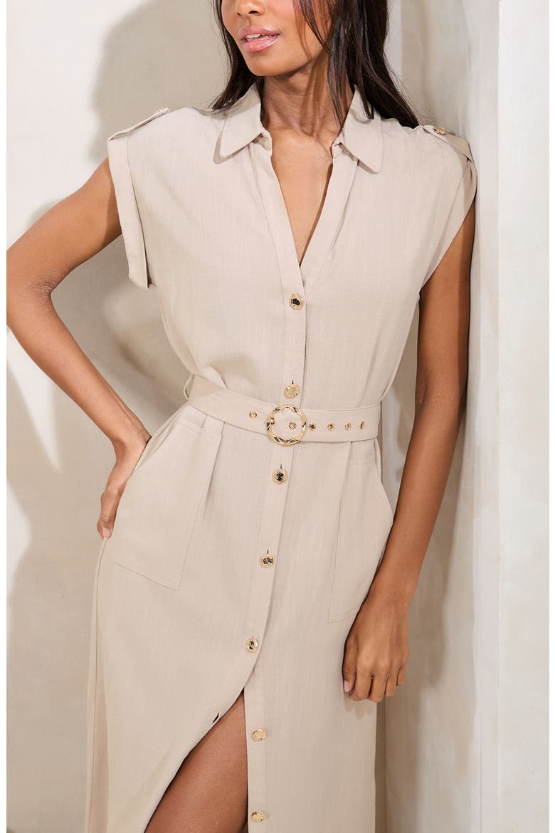 Belted Cap Sleeve Midi Dress, Alternate, color, NEUTRAL