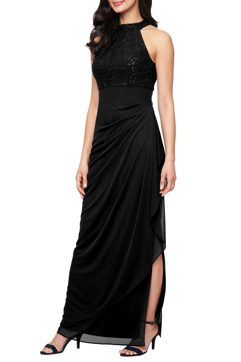 Lace & Sequin Sleeveless Gown, Main, color, BLACK
