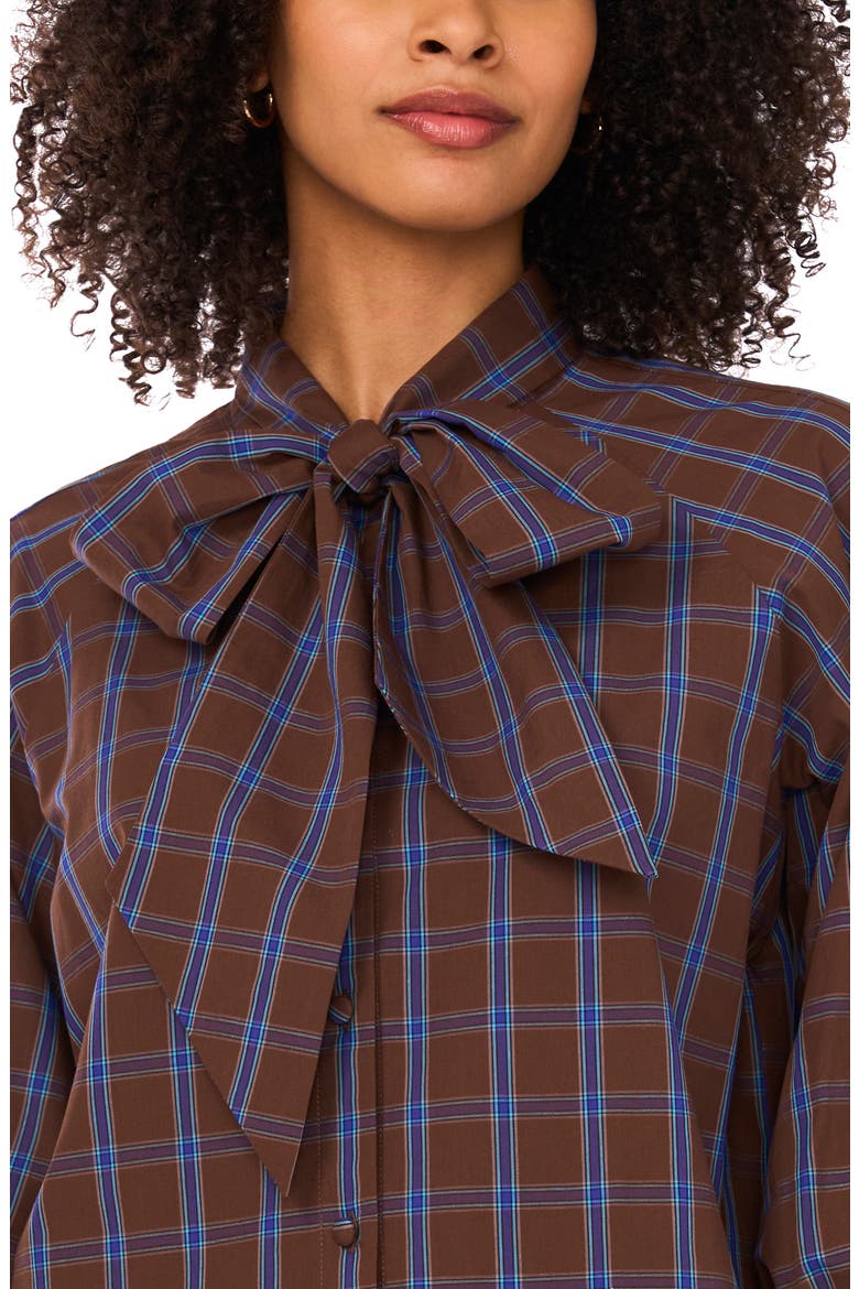 Plaid Tie Neck Button-Up Shirt, Alternate, color, CHOCOLATE LAB
