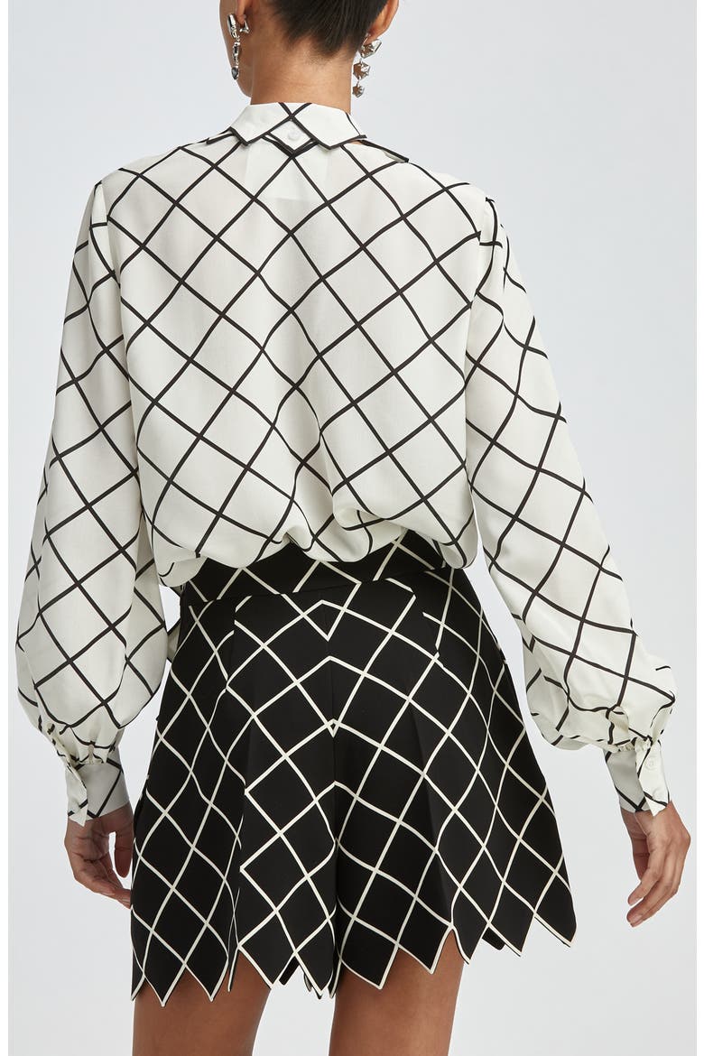 Windowpane Tie Neck Crepe Blouse, Alternate, color, IVORY/ BLACK