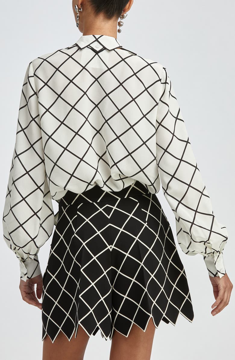 Oscar de la Renta Windowpane Tie Neck Crepe Blouse, Alternate, color, 