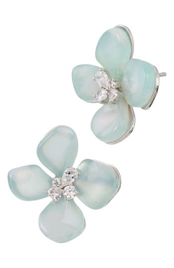 Savvy Cie Jewels Cubic Zirconia Resin Flower Stud Earrings In Green