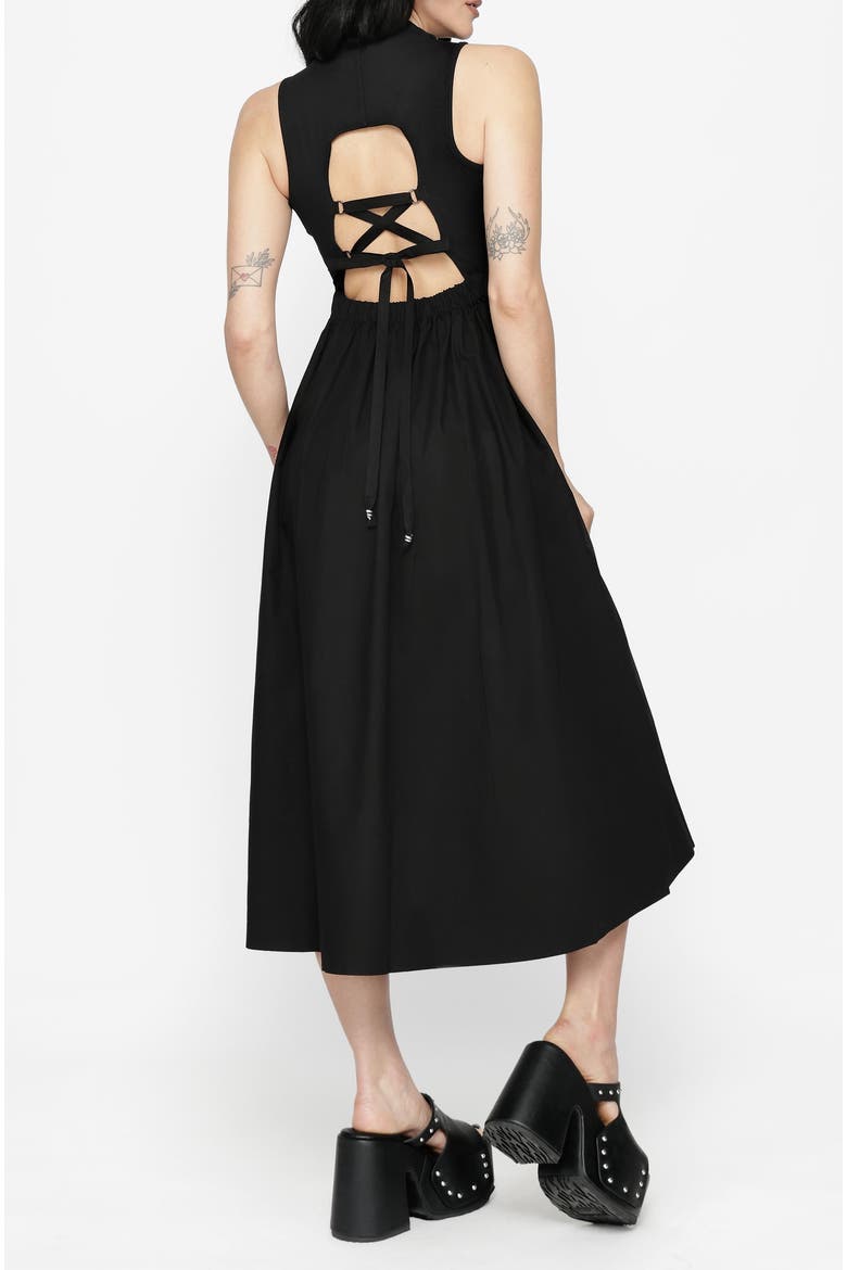 Morthira Open Back Lace Up Midi Dress, Alternate, color, Black