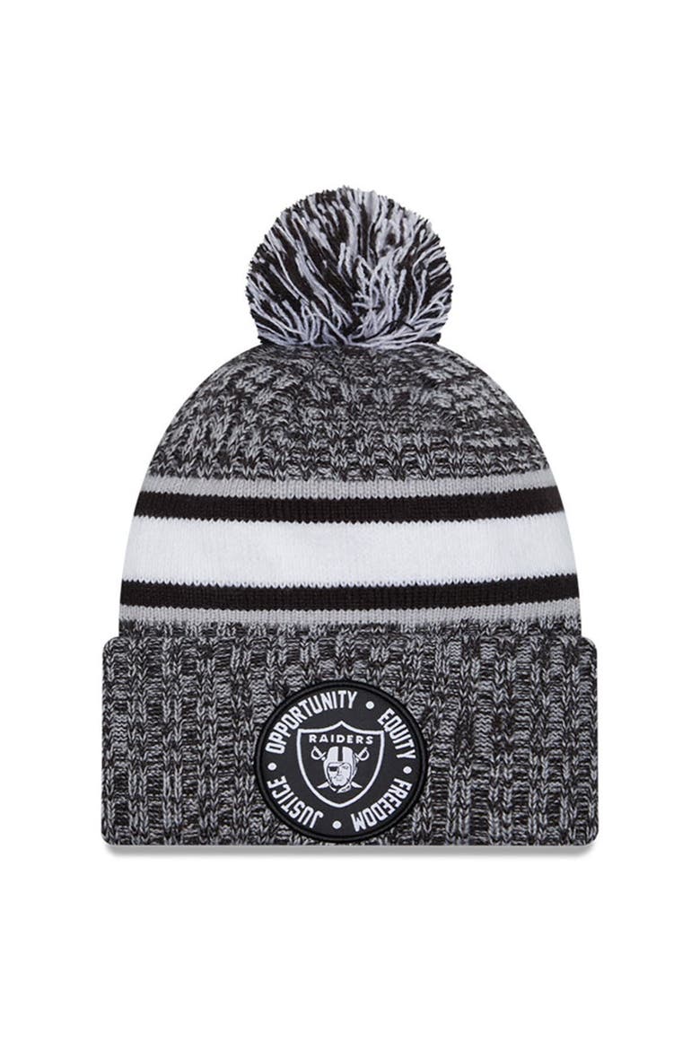 Men's New Era Heather Black Las Vegas Raiders 2023 Inspire Change Cuffed Knit Hat With Pom, Main, color, Heather Black