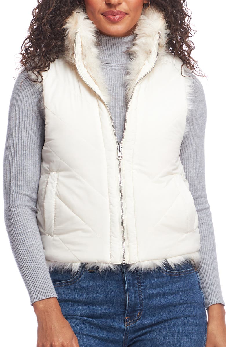 DONNA SALYERS FABULOUS FURS Reversible Chevron Quilted Shortie Faux Fur Reversible Vest, Alternate, color, Ivory