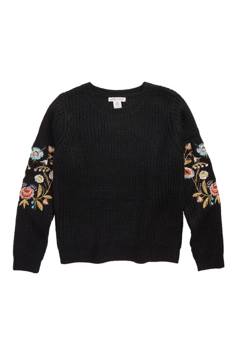 Woven Heart Embroidered Sleeve Sweater, Main, color, BLACK