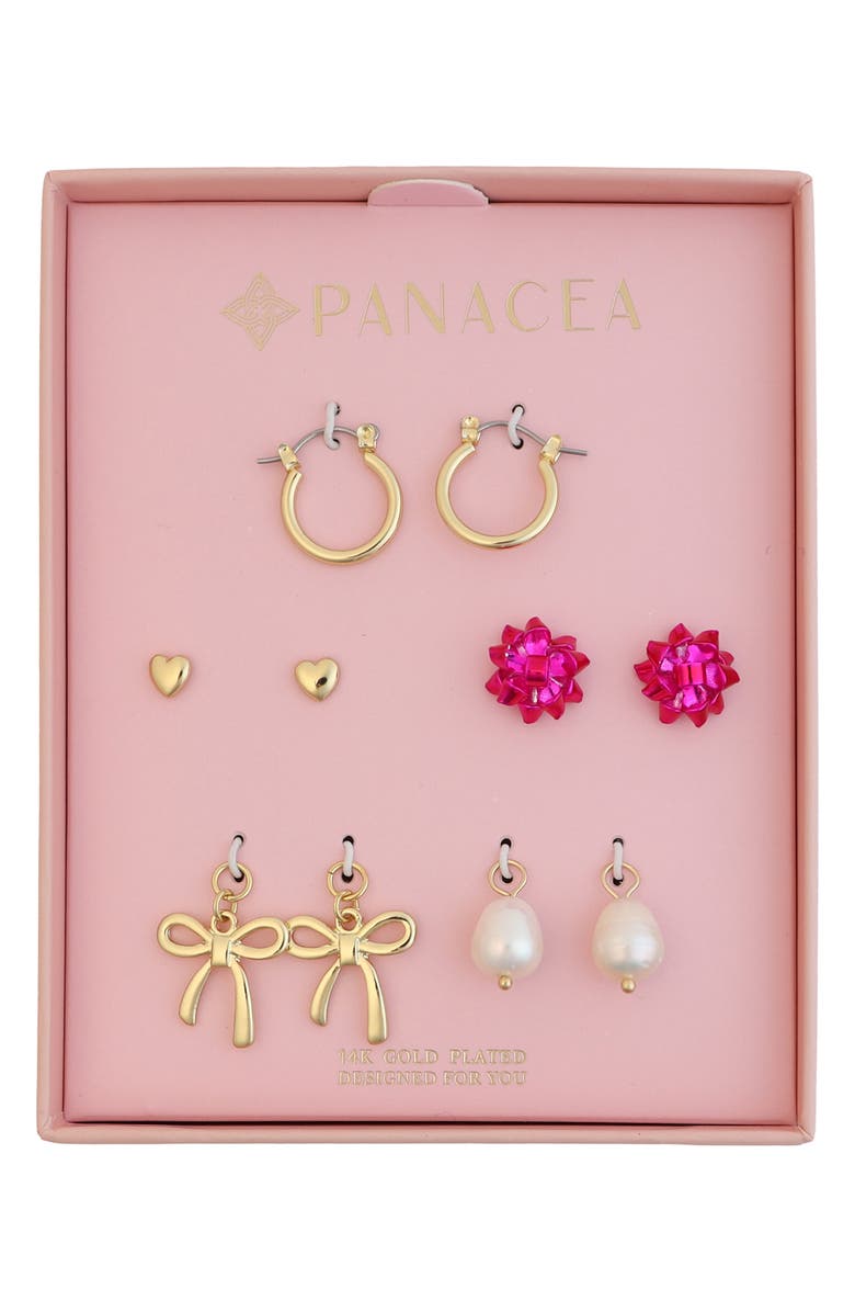 Panacea Set of 5 Bow Stud & Interchangeable Charm Huggie Hoop Earrings, Main, color, Pink