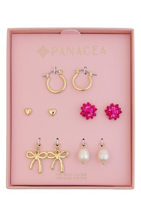 Set of 5 Bow Stud & Interchangeable Charm Huggie Hoop Earrings