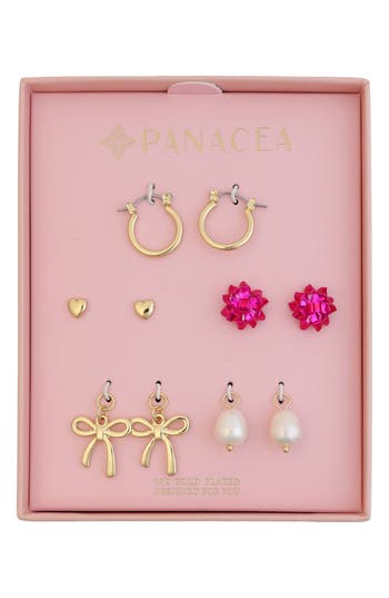 Panacea Set Of 5 Bow Stud & Interchangeable Charm Huggie Hoop Earrings In Gold