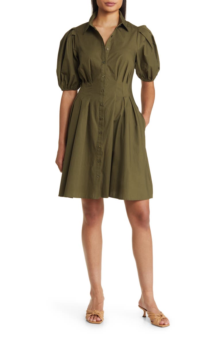 Puff Sleeve Cotton Shirtdress, Main, color, OLIVE