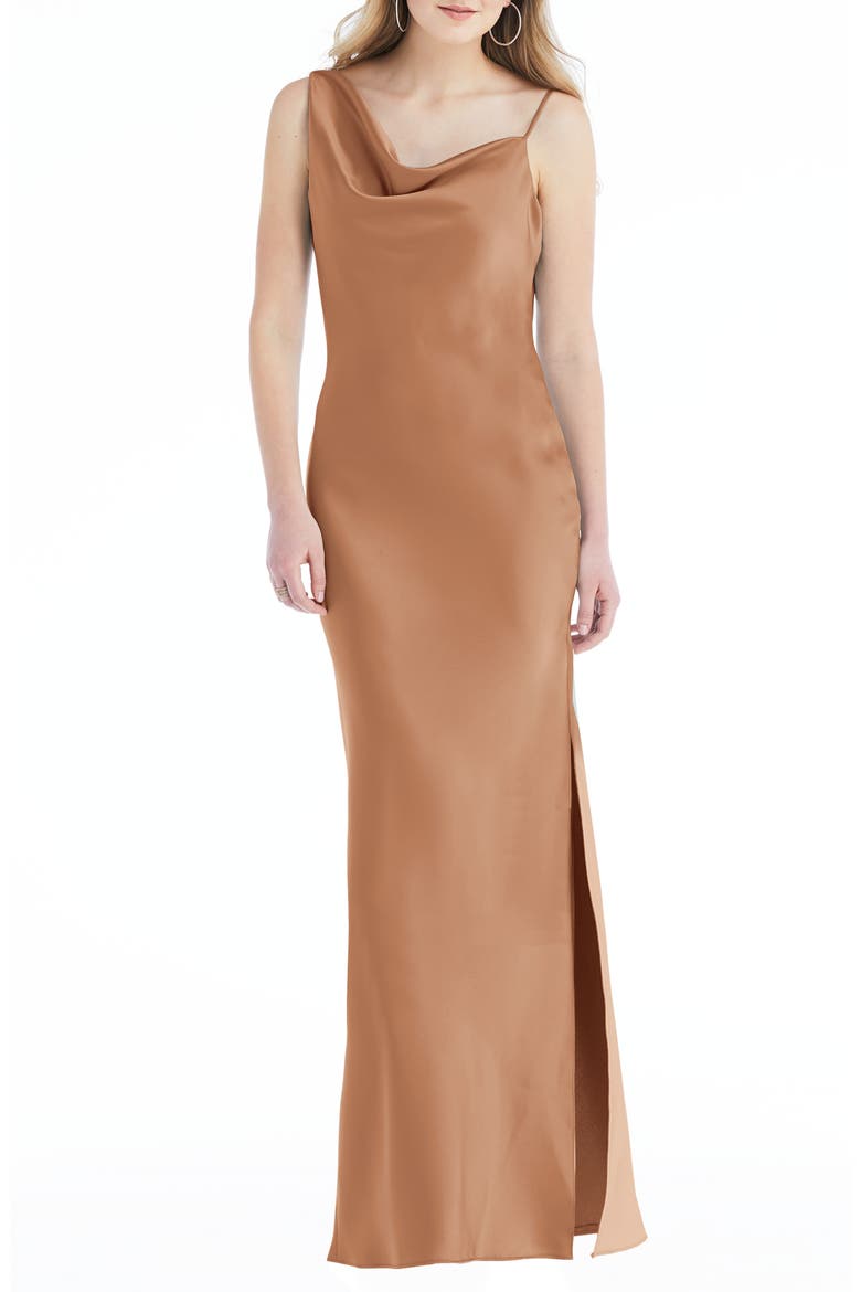 Asymmetric One-Shoulder Satin Column Gown, Main, color, TOFFEE