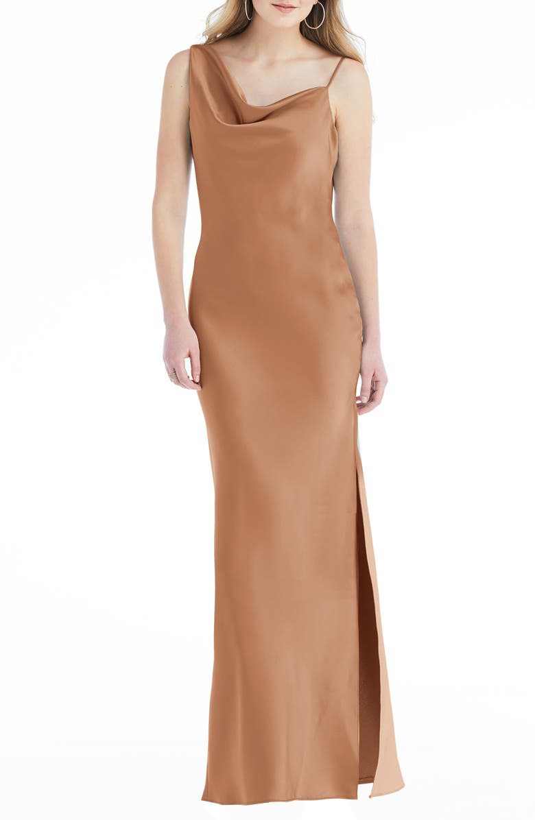 Social Bridesmaids Asymmetric One-Shoulder Satin Column Gown, Main, color, 