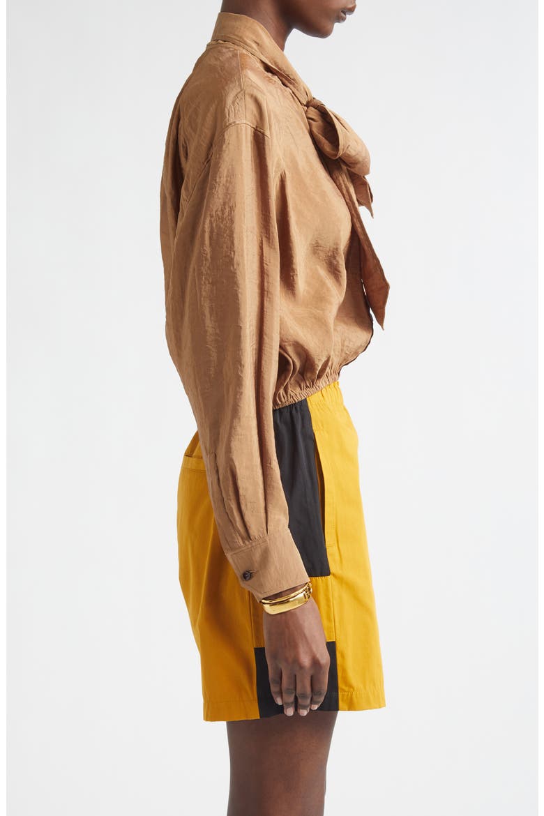 Gathered Taffeta Tie Neck Top, Alternate, color, CARAMEL