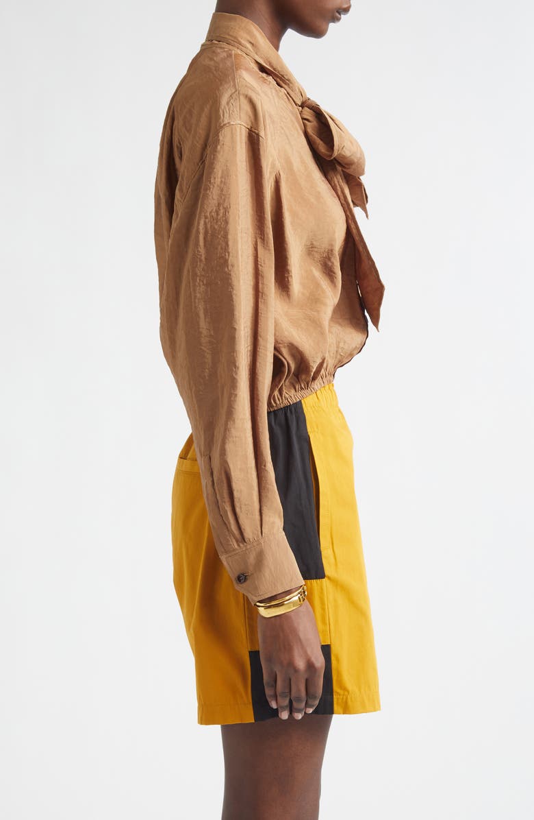 Saint Laurent Gathered Taffeta Tie Neck Top, Alternate, color, Caramel
