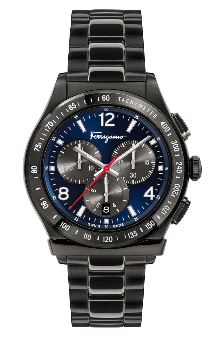 Salvatore Ferragamo 1898 Chronograph Bracelet Watch, 42mm, Main, color, GREY/ BLUE/ GREY