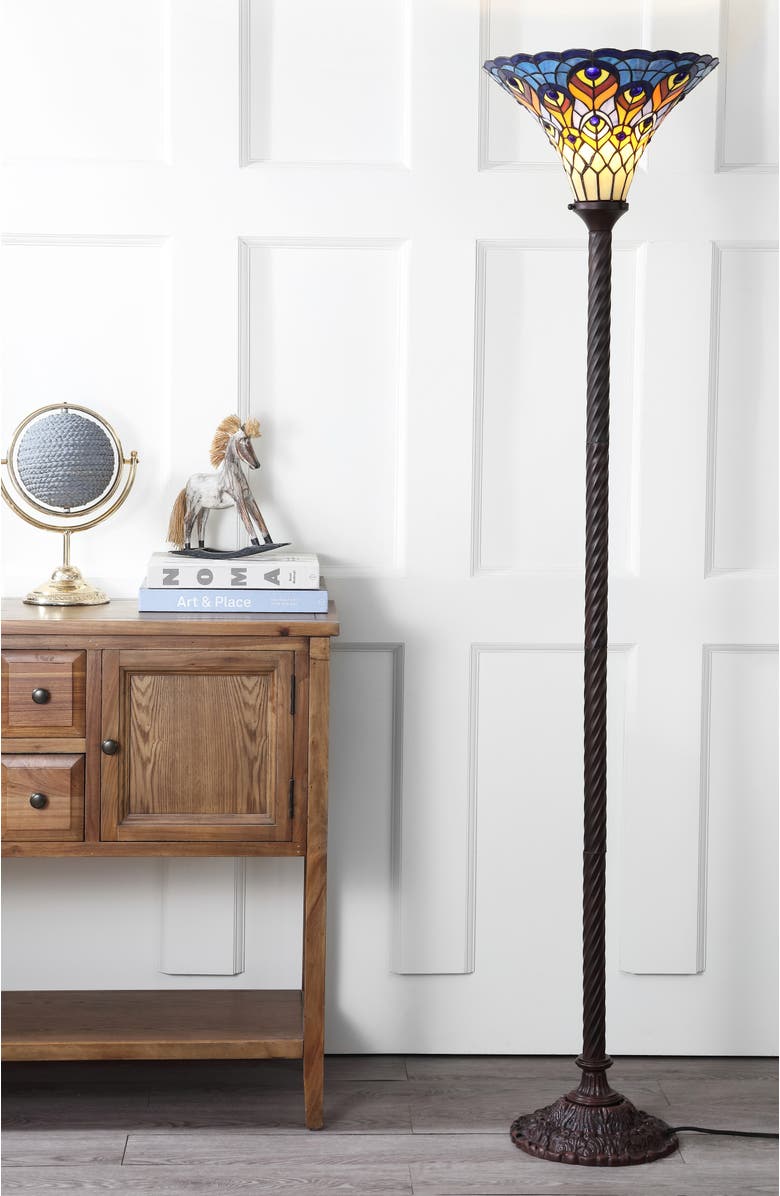 JONATHAN Y Peacock Tiffany-Style 70" Torchiere LED Floor Lamp, Bronze, Alternate, color, Bronze