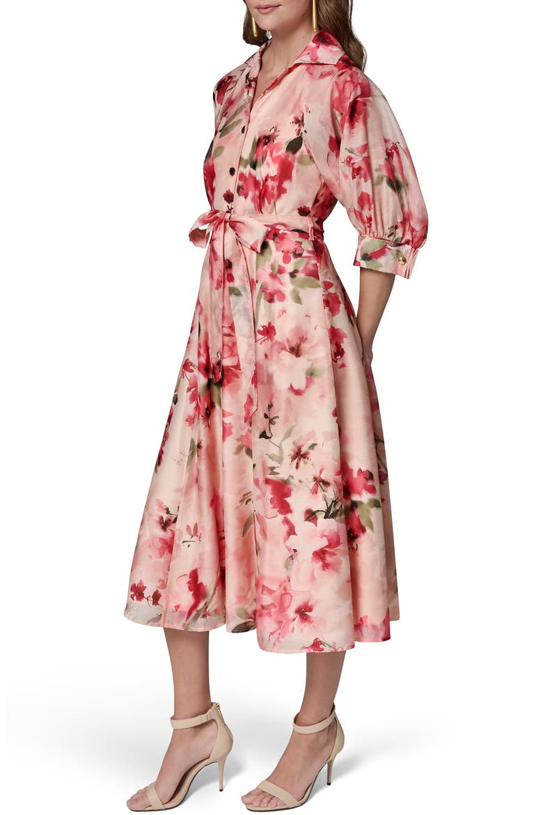 Floral Print Tie Waist Midi Shirtdress, Alternate, color, GERANIUM MULTI