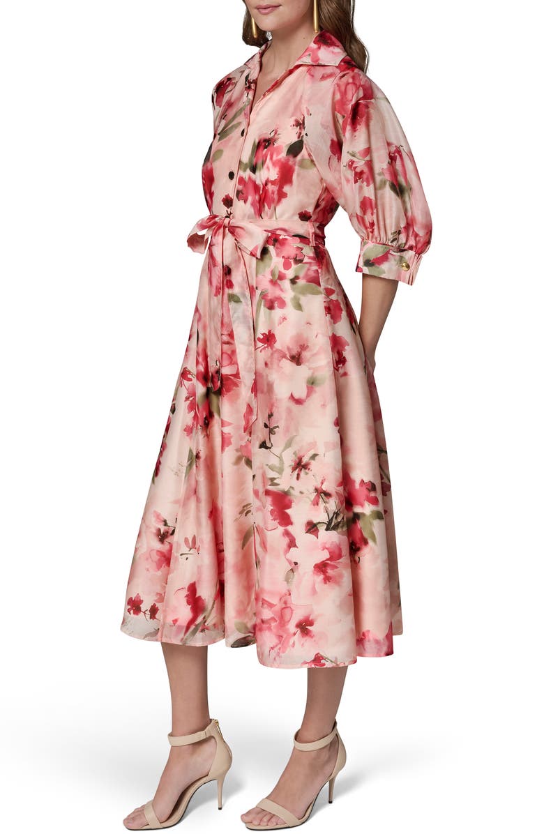 Donna Karan New York Floral Print Tie Waist Midi Shirtdress, Alternate, color, Geranium Multi