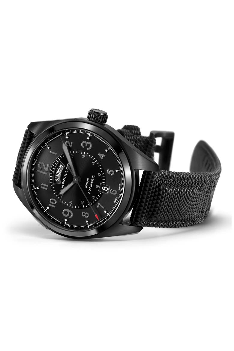 Khaki Field Automatic Silicone Strap Watch, 42mm, Alternate, color, BLACK