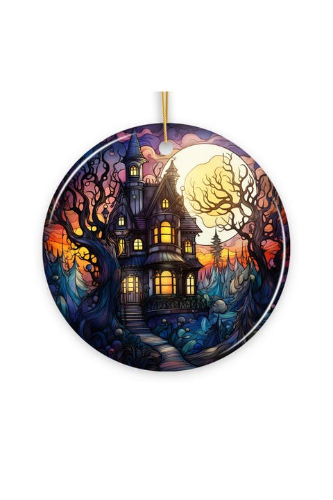 Haunted House In Woods Stained Glass Style Ornament