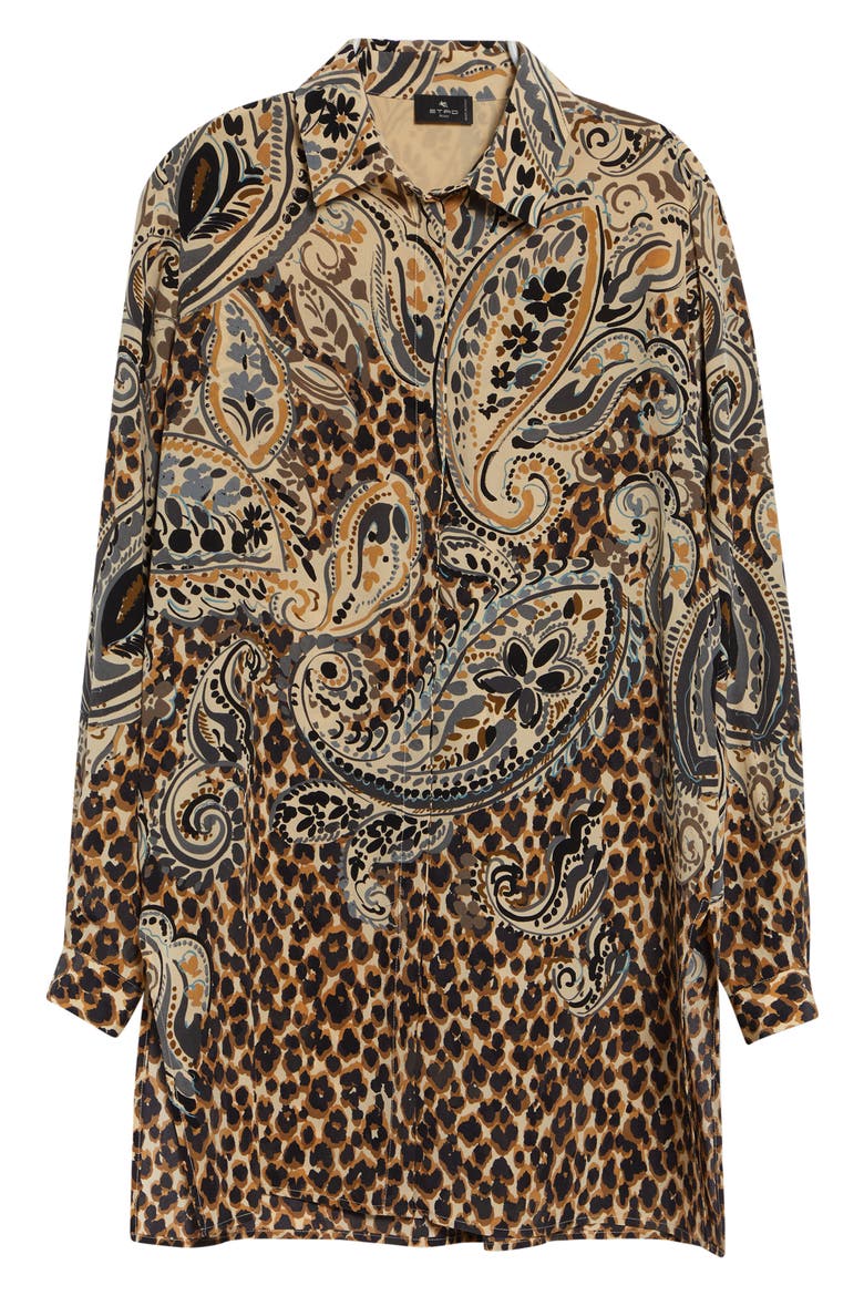Paisley & Leopard Print Silk Tunic Button-Up Shirt, Alternate, color, BEIGE
