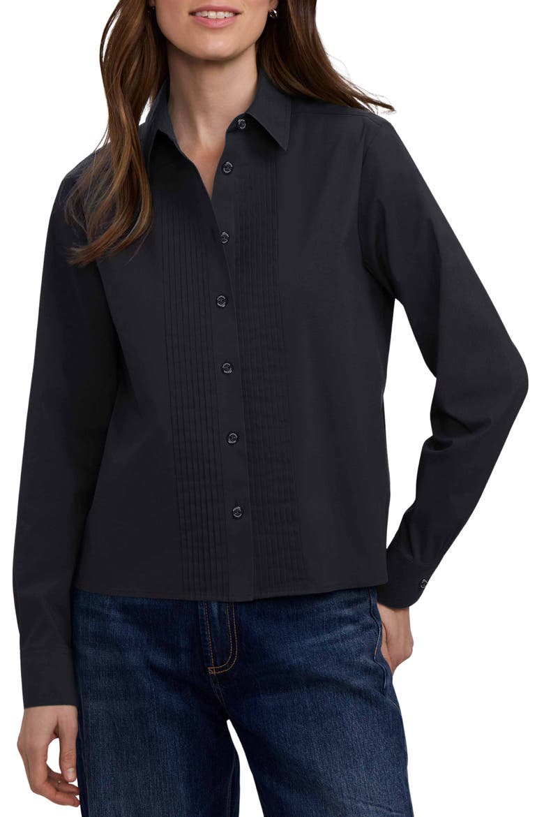 Jodie Pintuck Pleat Stretch Cotton Button-Up Shirt, Main, color, BLACK