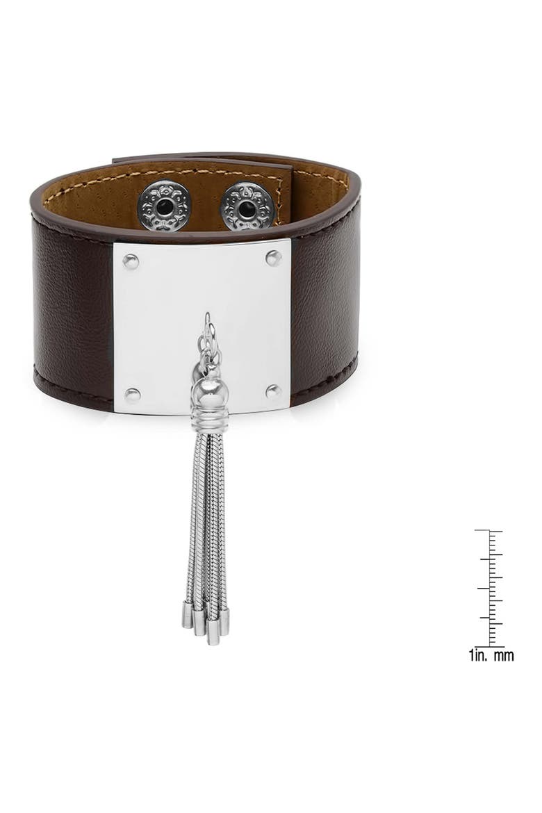 Stainless Steel Tassel Brown Leather Bracelet, Alternate, color, METALLIC