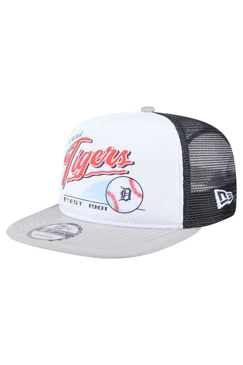 Men's New Era White/Gray Detroit Tigers Retro Script Trucker 9FIFTY Snapback Hat, Main, color, White