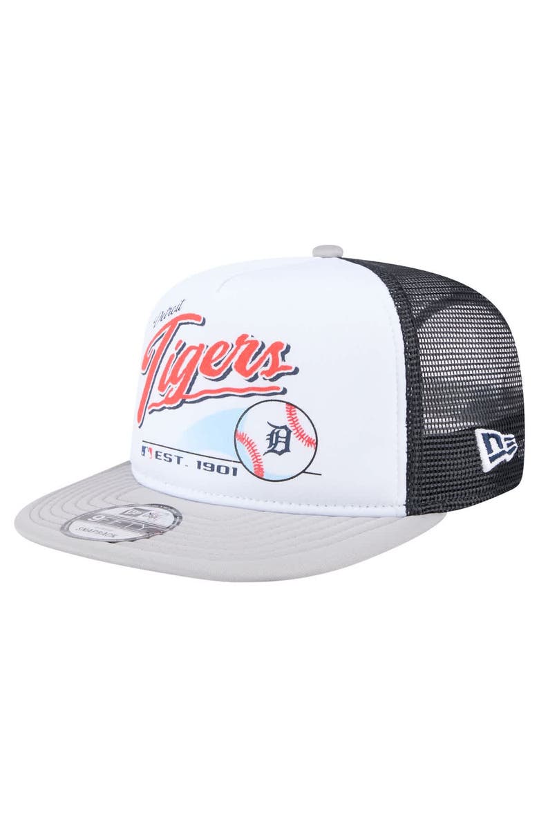 New Era Men's New Era White/Gray Detroit Tigers Retro Script Trucker 9FIFTY Snapback Hat, Main, color, White