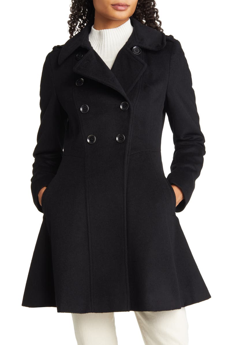 Via Spiga Women's Double Breasted Skater Faux Fur Collar Wool Blend Coat, Alternate, color, 