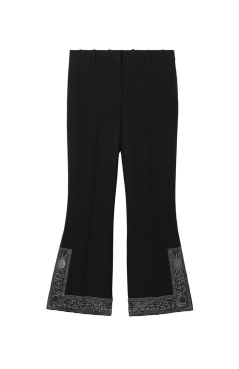 Cropped Embroidered Wool Silk Flared Trousers