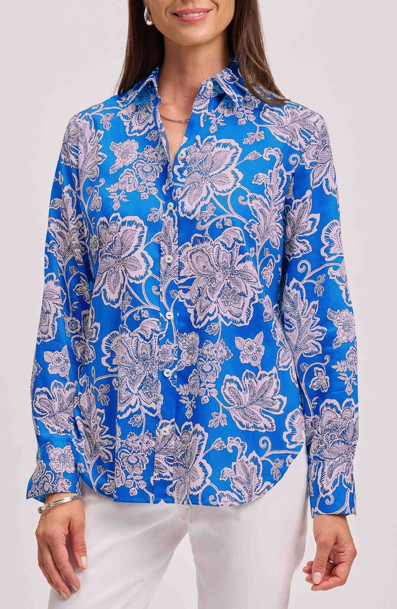Foxcroft Meghan Floral Print Cotton Button-Up Shirt, Main, color, Cobalt Blue