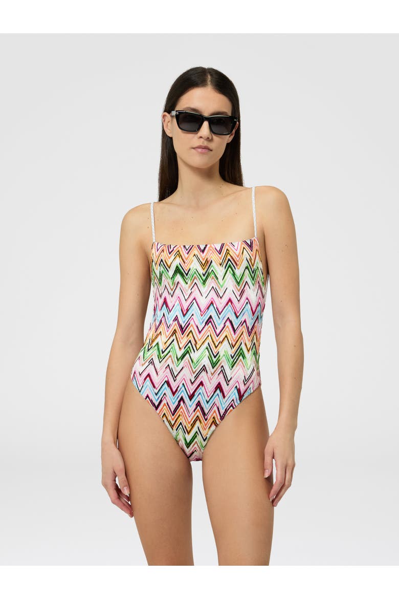 One-piece Swimsuit In Stretch Viscose With Lace And Zigzag Pattern, Alternate, color, Multicoloured