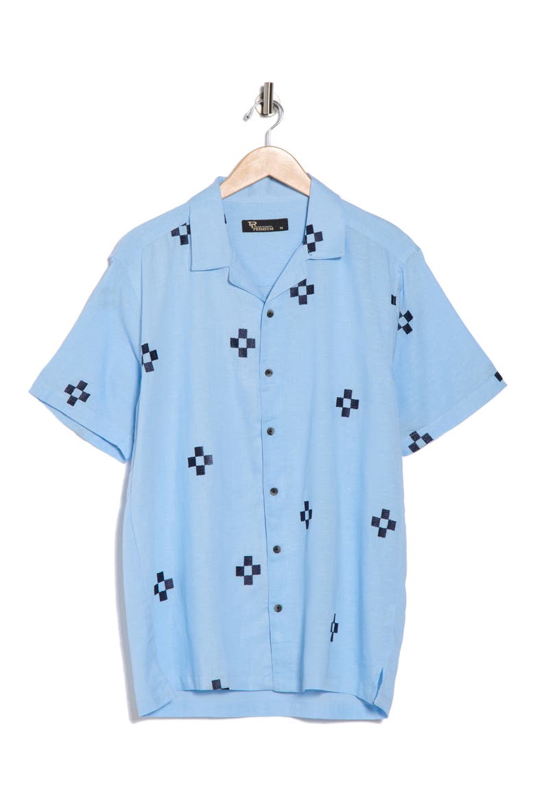 Geometric Embroidered Camp Shirt, Alternate, color, BREEZE BLUE