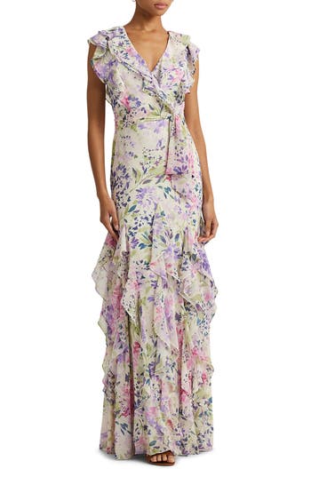 Ralph Lauren Ruffle Crinkle Maxi Sundress In Cream Multi