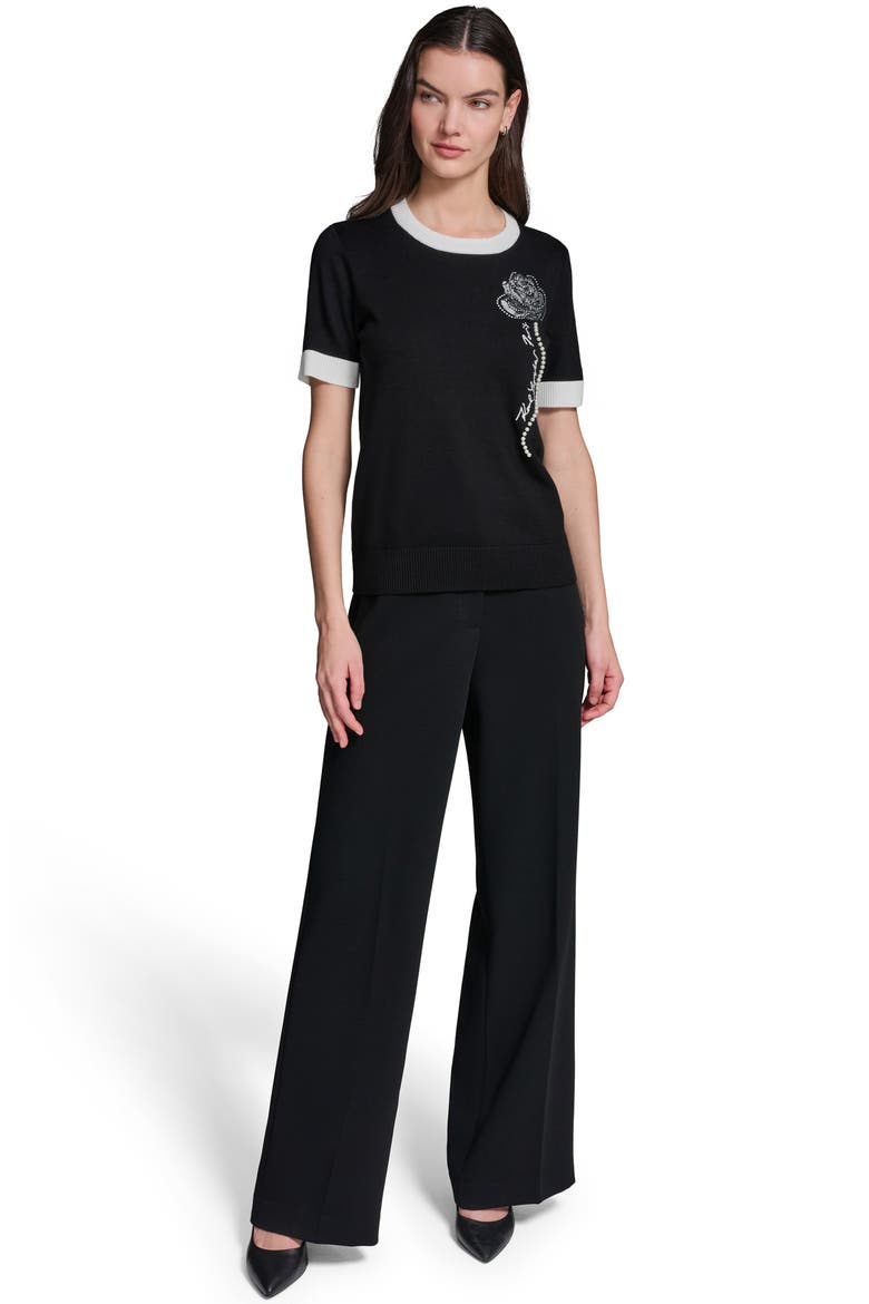 Beaded Rose & Faux Pearl Detail Short Sleeve Sweater, Alternate, color, BLACK/ SOFT WHITE