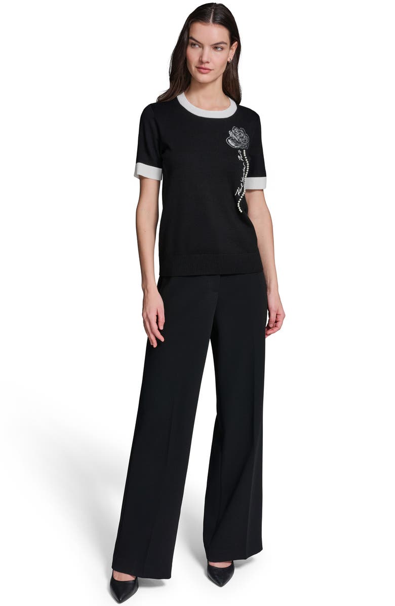 KARL LAGERFELD PARIS Beaded Rose & Faux Pearl Detail Short Sleeve Sweater, Alternate, color, 