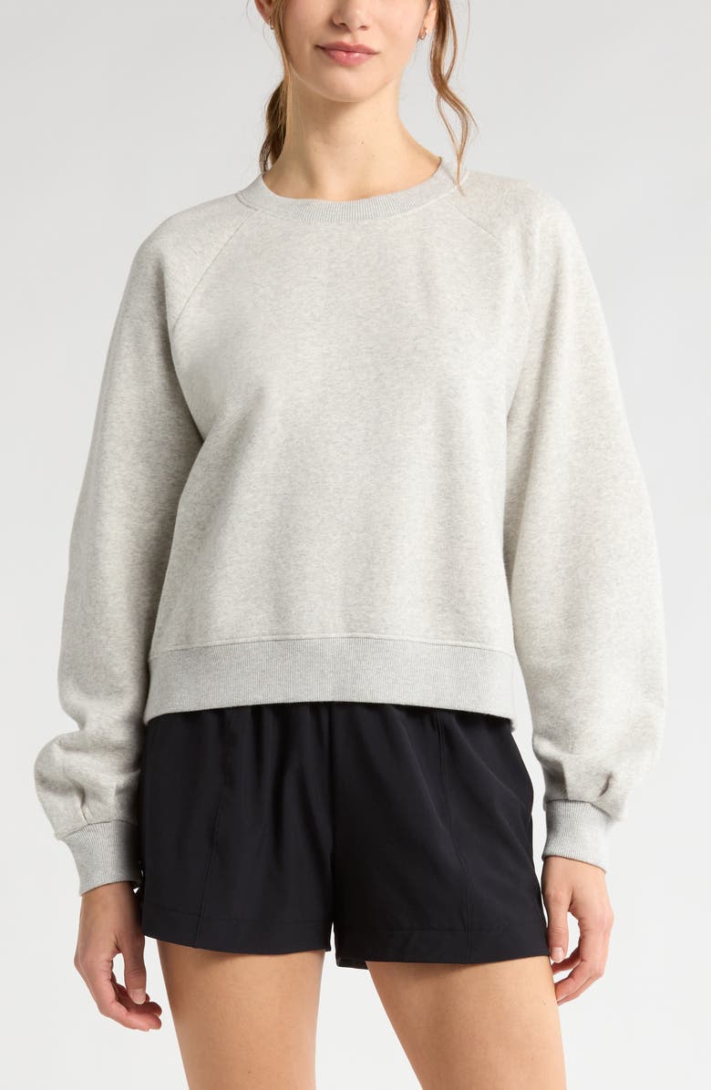 Zella Cloud Fleece Ruched Sleeve Sweatershirt, Main, color, Grey Light Heather
