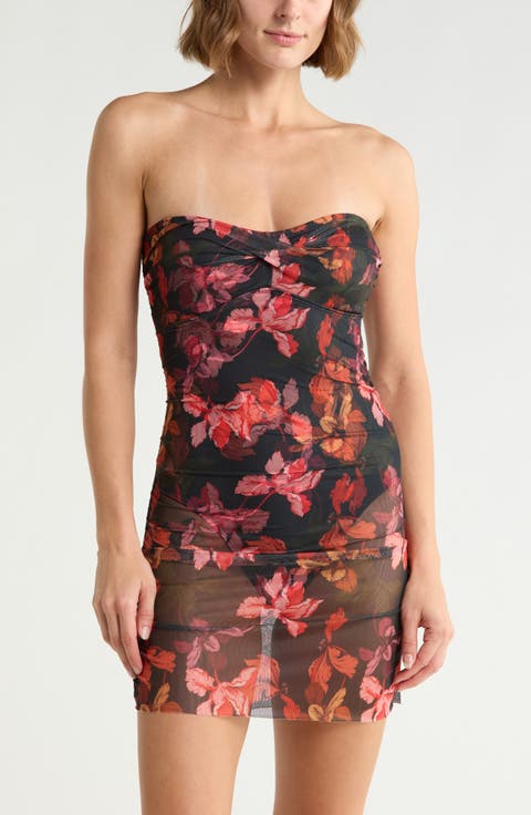 Radlee Strapless Mesh Overlay Skirted One-Piece Swimsuit