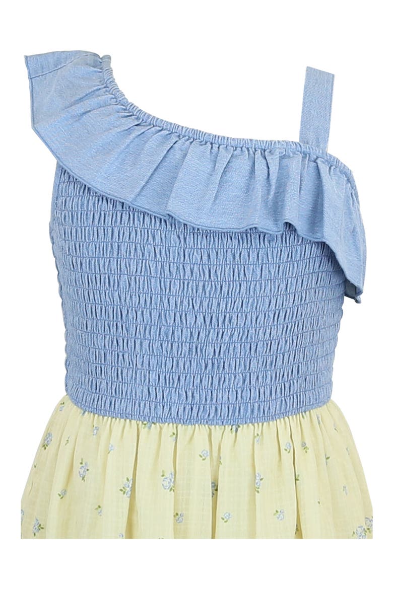 Kids' One Shoulder Smocked Dress, Alternate, color, DENIM/ YELLOW