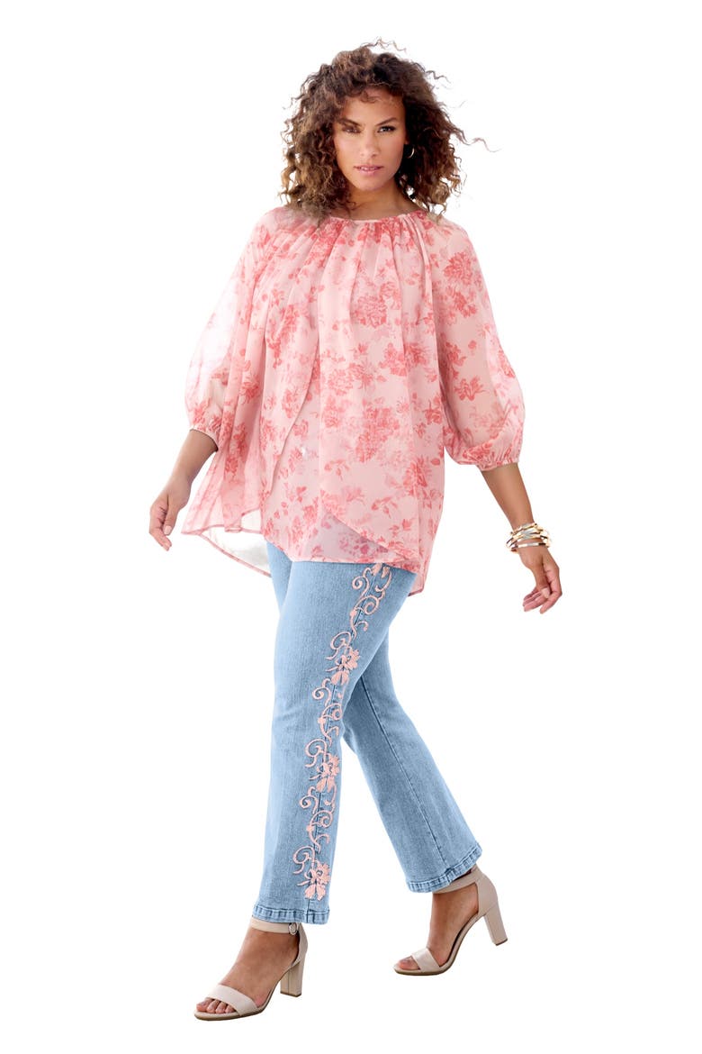 Blouson Sleeve Overlay Blouse, Main, color, SOFT BLUSH SMALL GARDEN