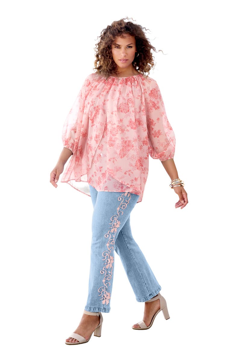 Roaman's Blouson Sleeve Overlay Blouse, Main, color, Soft Blush Small Garden