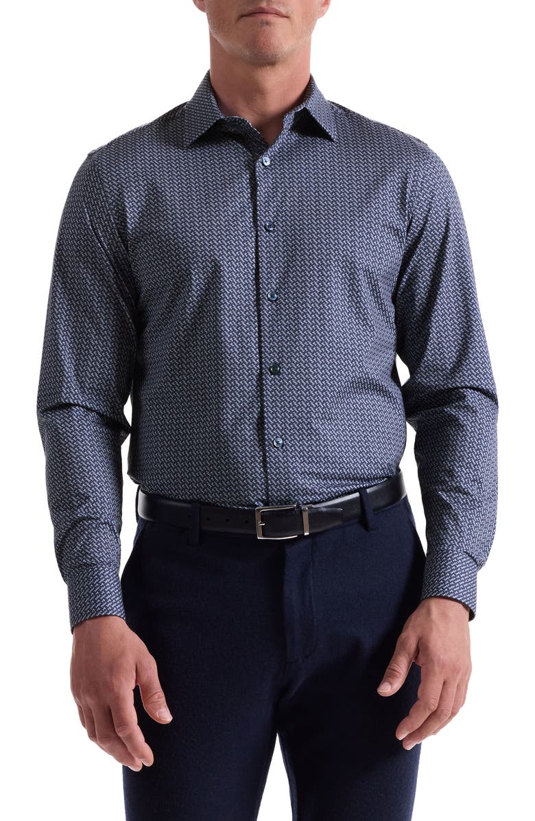 Bugatchi James OoohCotton<sup>®</sup> Diagonal Chevron Print Button-Up Shirt, Main, color, Navy