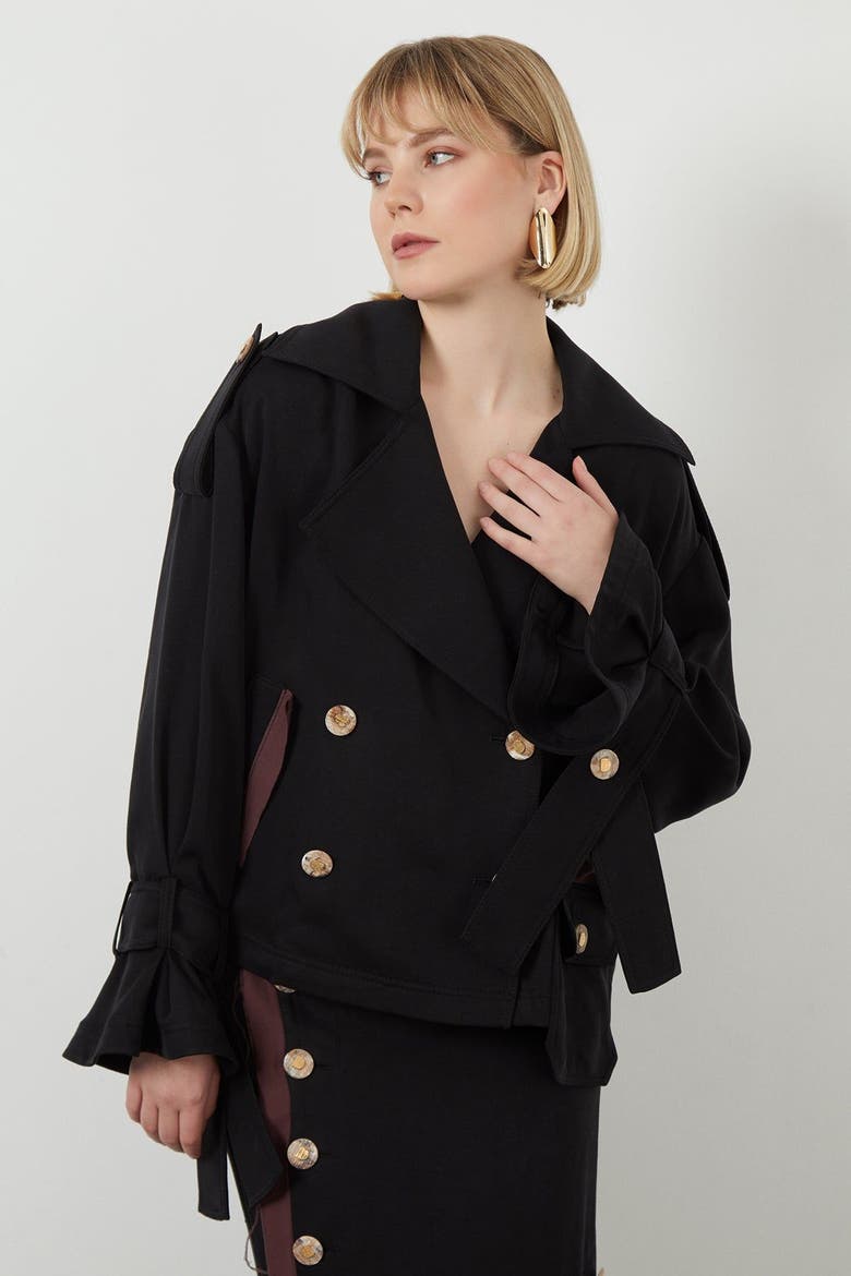 Notch Lapel Lightweight Tie-Sleeve Detail Jacket, Alternate, color, Black
