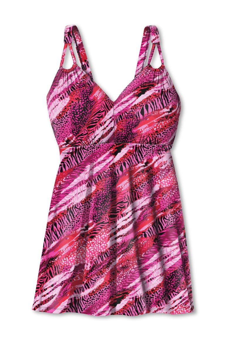 Loop-Strap V-Neck Tummy Control Two-Piece Swim Dress, Alternate, color, MERLOT MIXED ANIMAL