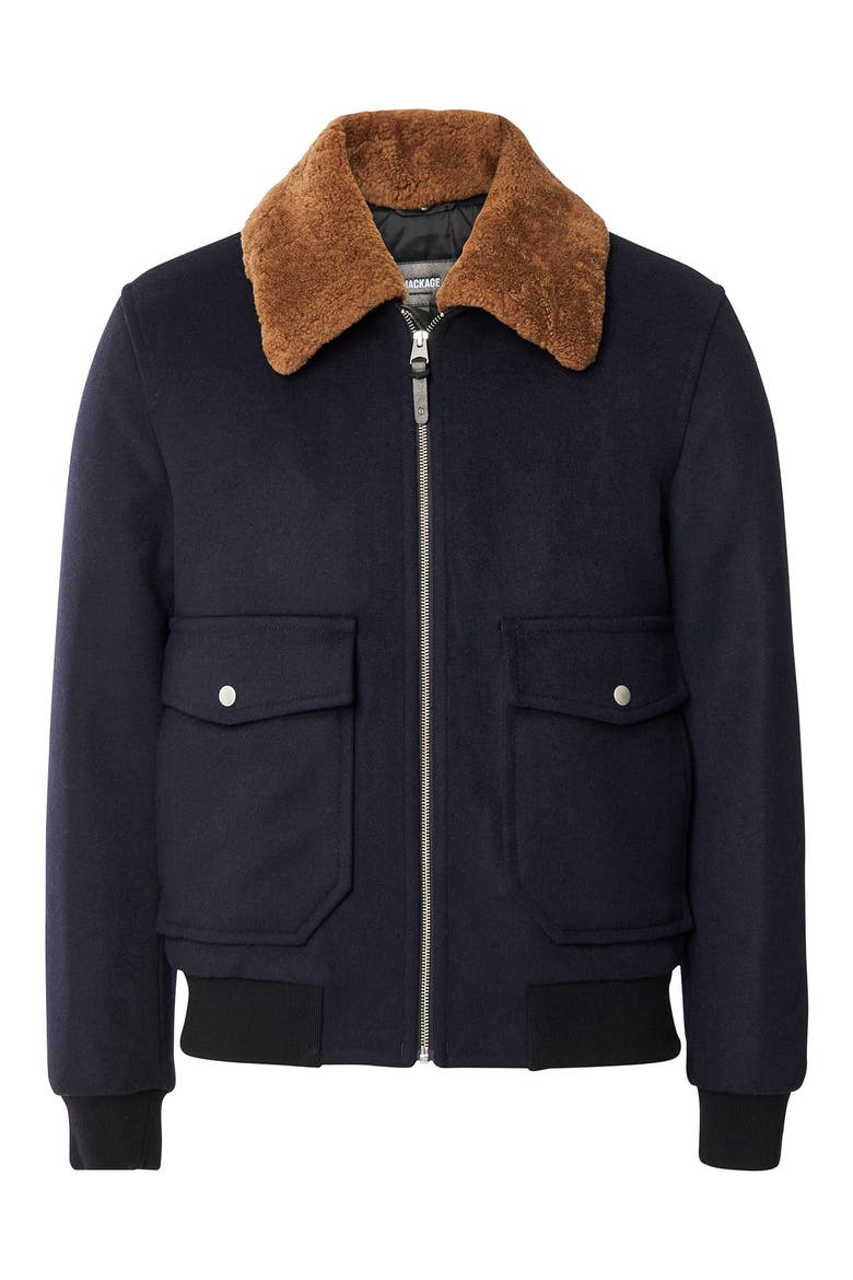 Theo Wool Blend & Genuine Shearling Trim Aviator Bomber Jacket, Main, color, NAVY