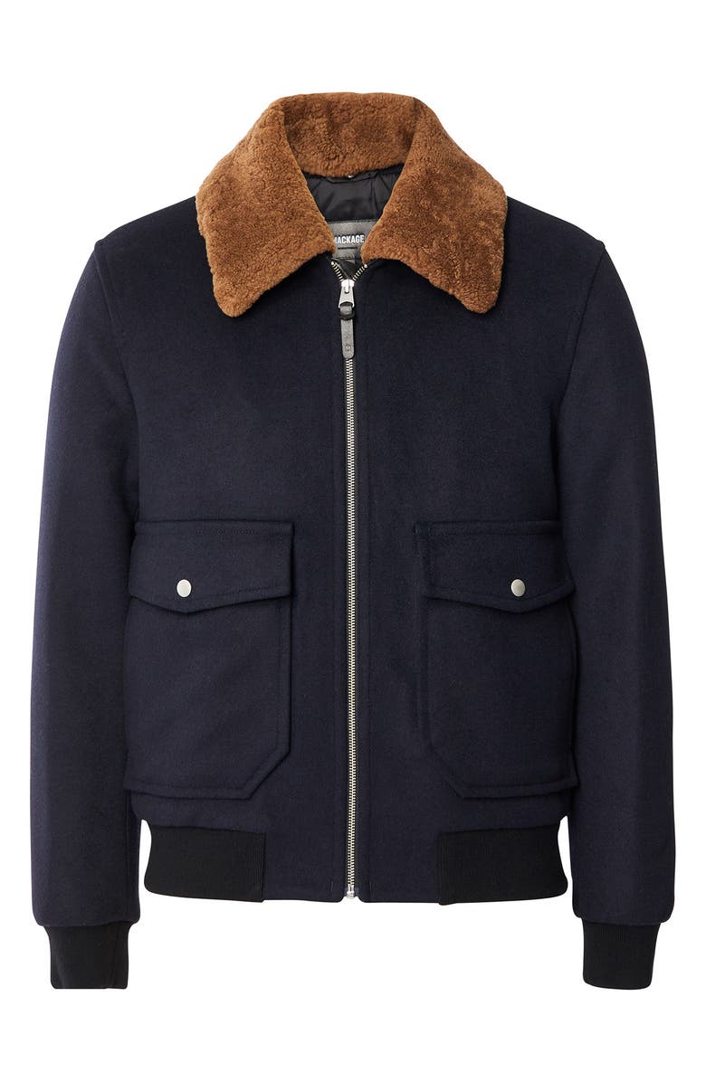 Mackage Theo Wool Blend & Genuine Shearling Trim Aviator Bomber Jacket, Main, color,