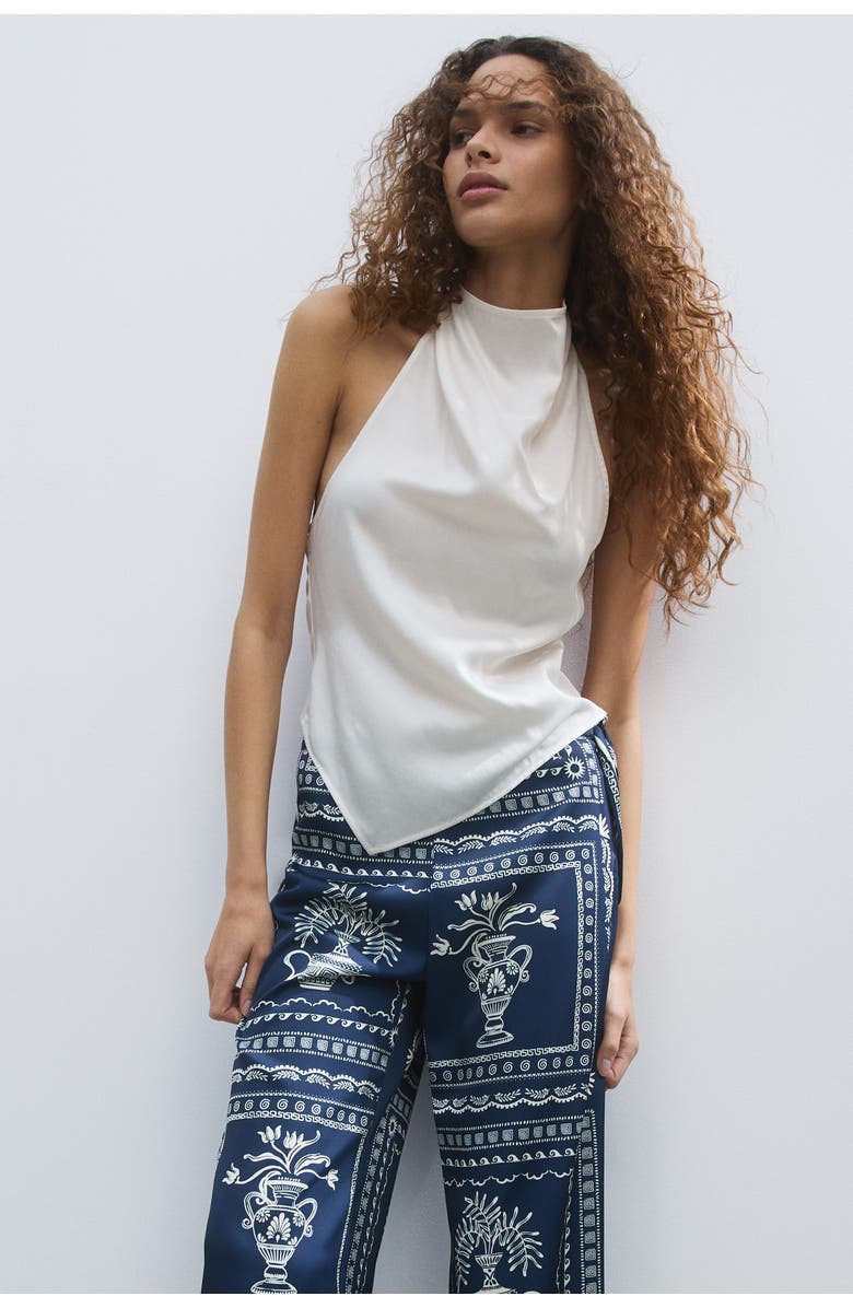 H&M Printed Tie-detail Trousers, Alternate, color, Dark Blue/Flowers