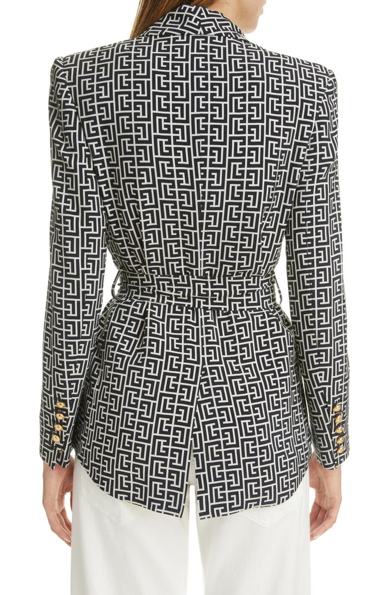 Balmain Monogram Print Double Breasted Cupro Jacket, Alternate, color, 