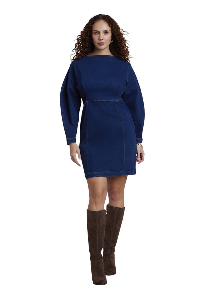 Seamed Denim Mini Dress (plus), Main, color, DARK WASH